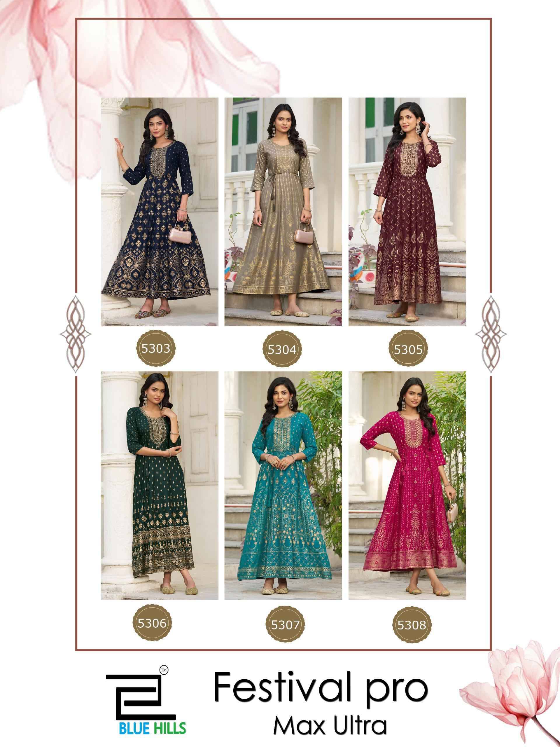 Festival Pro max ultra By BLUE HULLS 5303 To 5308 Series Designer Stylish Fancy Colorful Beautiful Party Wear & Ethnic Wear Collection Rayon 14kg Gown At Wholesale Price